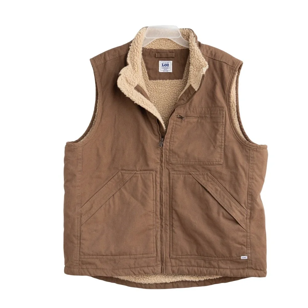 LEE Workwear XL Brown Canvas Carhartt Style Sherpa Lined Utility Duck Vest Tough